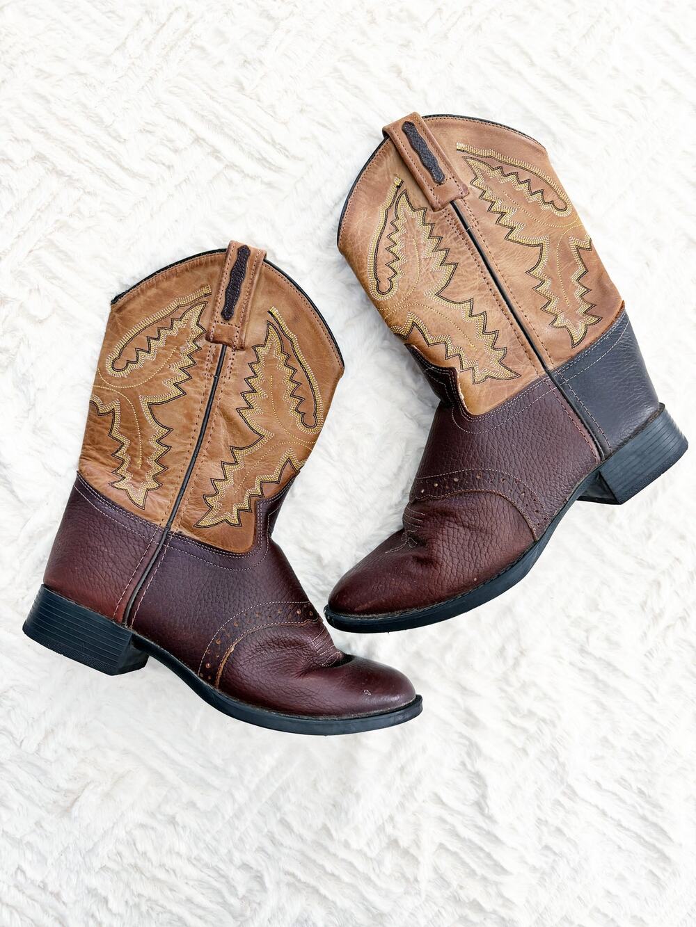Old West 1936 Youth Tan Rust Round Toe Leather Cowboy Western Boots Ranch Rodeo